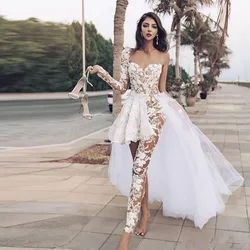 Jumpsuits Boho Wedding Dresses Lace Appliques One Shoulder Lace Overskirts Wedding Dress With Pants See Through robe de mariee