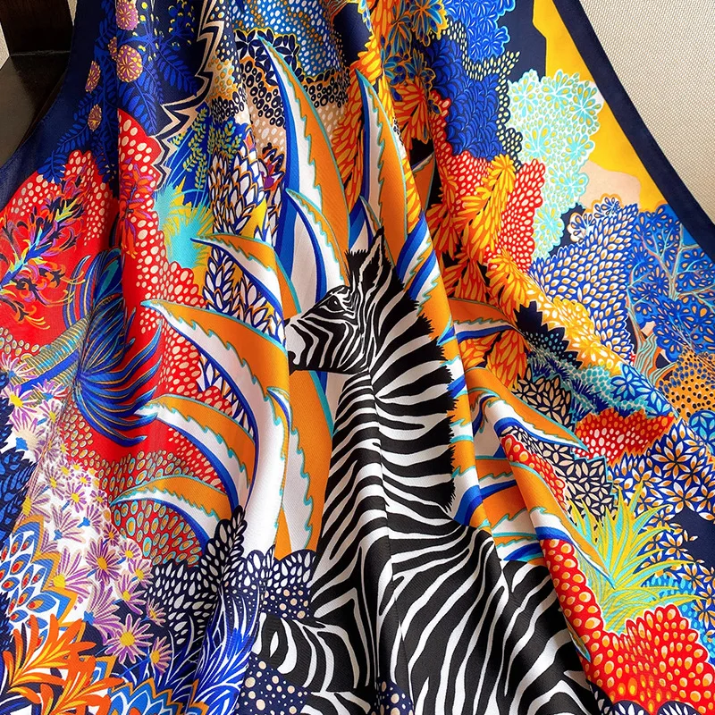 2021 Fashion New Women Silk Square Scarf Vintage Flower Zebra Printed Colorful Pashmina Sun Protective Elegant Dress Neck Wrap