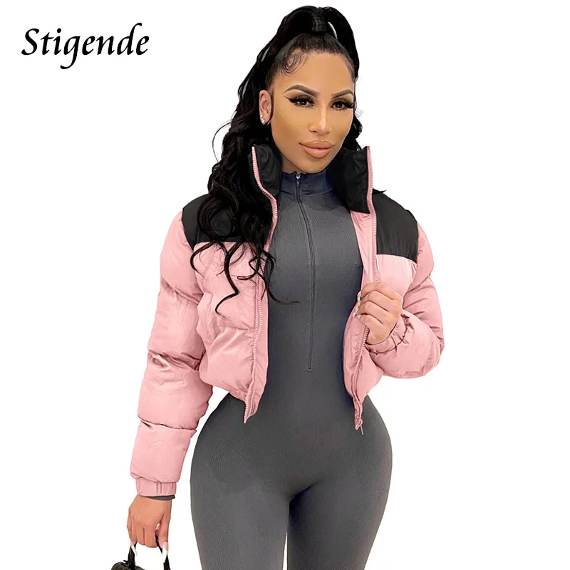 Stigende Women Patchwork Puffer Parka Coat Stand Collar Cotton Padded Coat Winter Warm Loose Zipper Crop Top Jacket Outwear