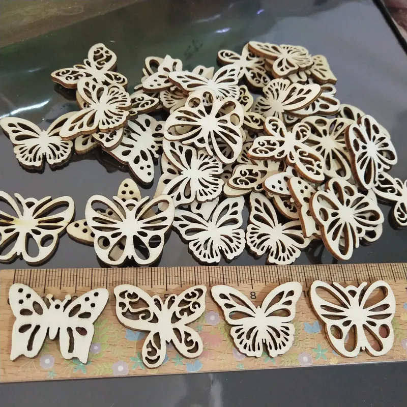 50pcs Laser Cut Wood Butterfly Embellishment Hollow Unfinished Wooden Ornaments Wooden Shape Craft Party Wedding Decoration