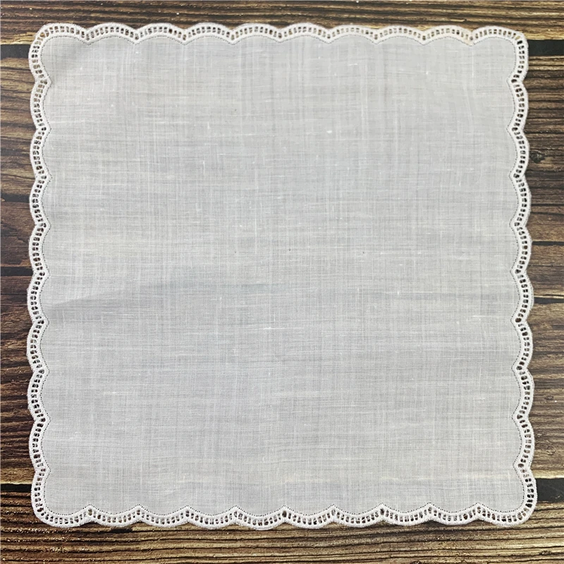 مجموعة من 12 منديل زفاف موضة 12 × 12 "الأبيض رامي/الكتان Hankies مع حواف سكالوب المطرزة خمر Hanky