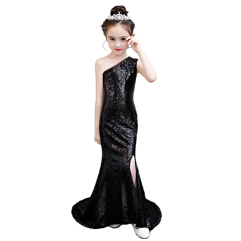 black sequin mermaid dress age for teenage girls one-shoulder  vintage noble graduation gowns evening party kids frocks M0327