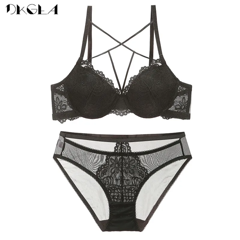 2020 New Embroidery Sexy Underwear Green Bra Set Push Up Brassiere Cotton Thick Women Lingerie Set Lace Bras Deep V Gather Black