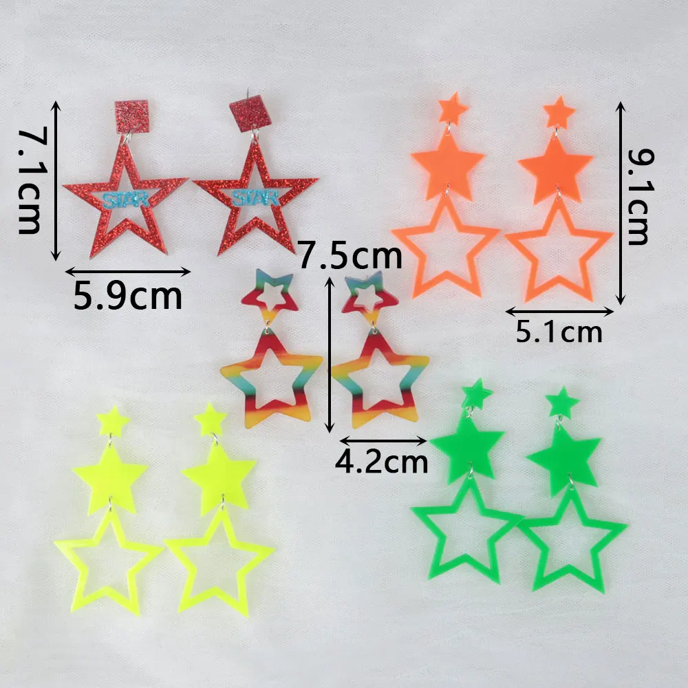 Punk Neon Color Star Acrylic Dangle Earrings For Women Girl Hollow Geometric Pentagram Long Drop Earrings Fashion Jewelry Gifts