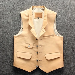 vest Mens Horse Skin Lapel Multi Pocket Slim Gentleman's Vests Business Casual Genuine leather Horsehide Suit Waistcoat