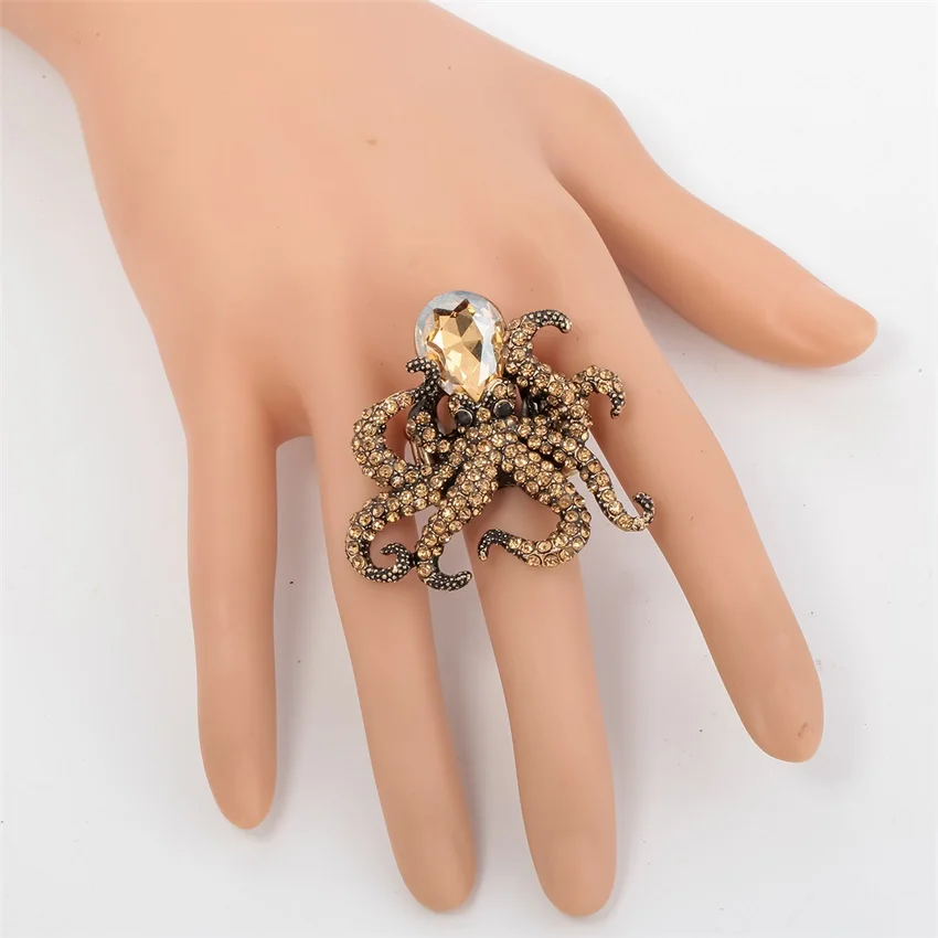 Octopus stretch ring antique gold silver color W crystal fashion scarf jewelry charm gifts for women wholesale dropshipping