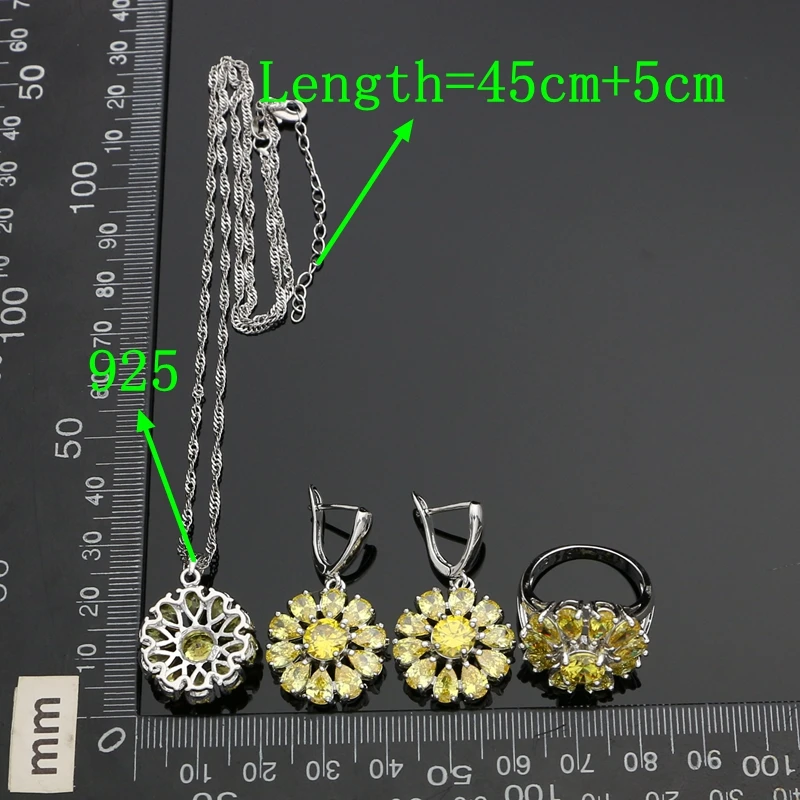 Romantic Bridal 925 Sterling Silver Jewelry Sets For Women Yellow Cubic Zirconia Earrings Pendant Ring Necklace Silver Kit