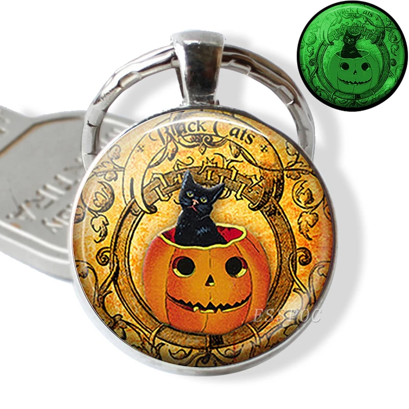 Halloween Luminous Cat Keychain Keyring Glowing In The Dark Cat with Pumpkin Art Picture Glass Key Chain Keyholder Gifts