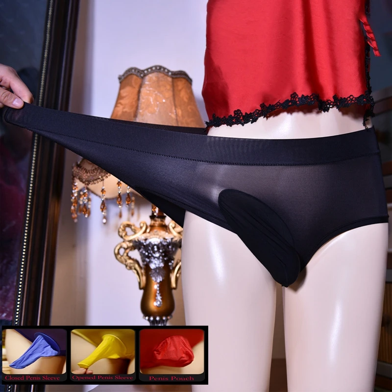 New sexy Men under wear Plus size Briefs Milk Silk Penis Pouch shorts Opened Penis Sleeve High elasticity Shiny gay underwear