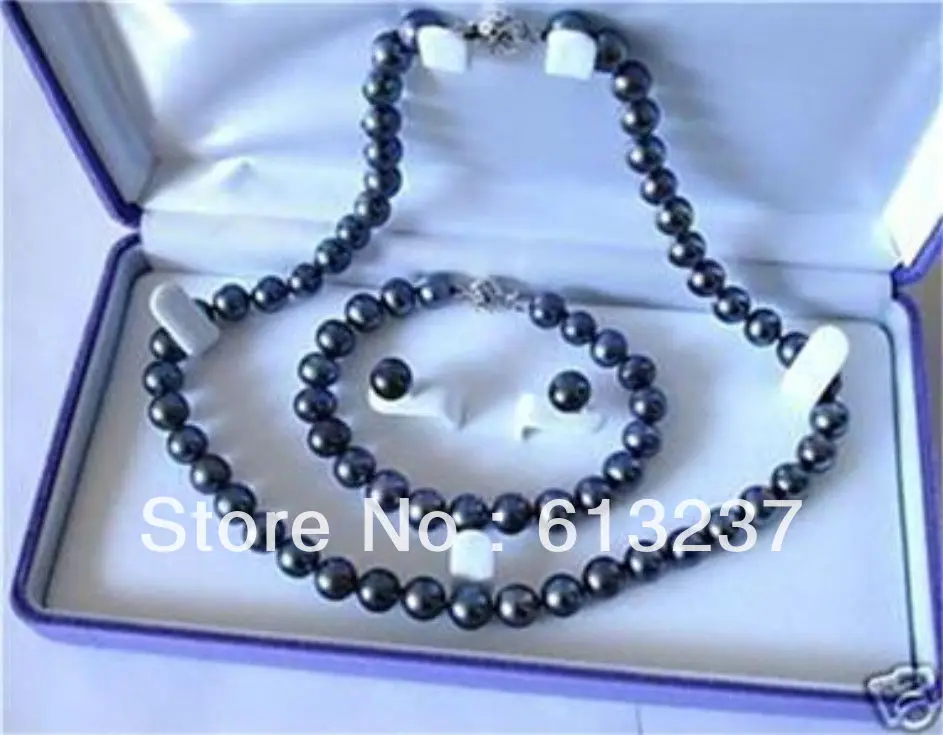 Natural pearl New Fashion Diy 7-8mm Natural Black Freshwater Cultured Round Beads Pearl Necklace Bracelet Earring Set  MY4532