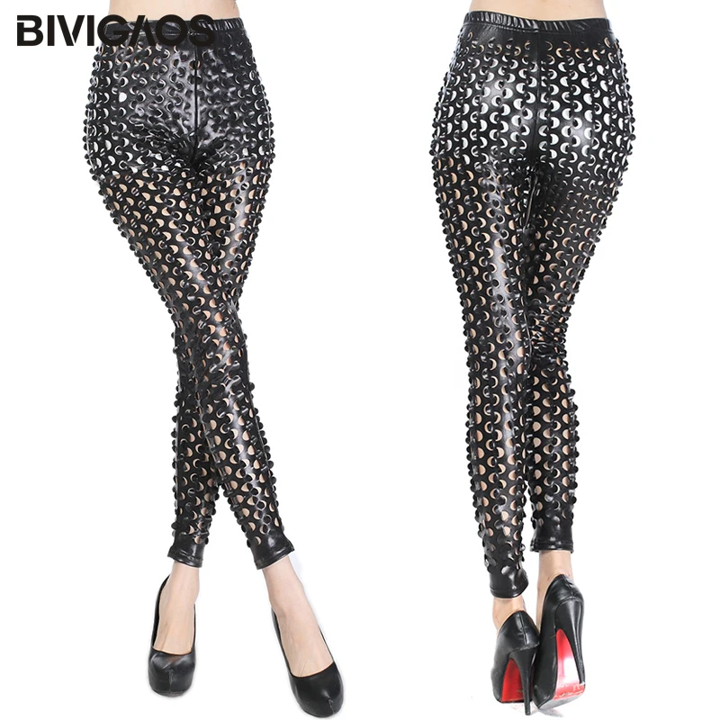 BIVIGAOS Wanita Legging Gaya Rock Logam Lubang Cerah Faux Kulit Legging Sisik Ikan Celana Legging Gothic Legging Wanita