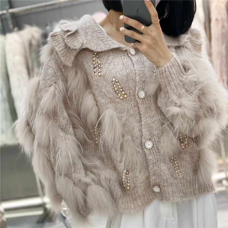 2022 Spring Casual Knitted Cardigan Women Turn Down Collar Sweater With Fur Trim Plus Size Pull Femme