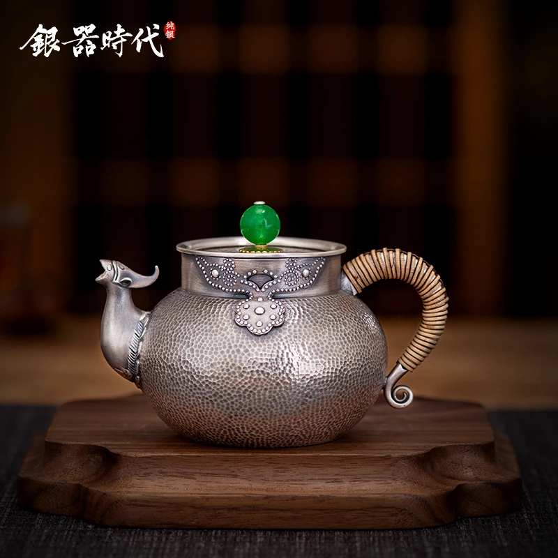 

999 sterling silver teapot kettle mouth carve engraves to restore ancient ways god beast tea jade pick silver pot