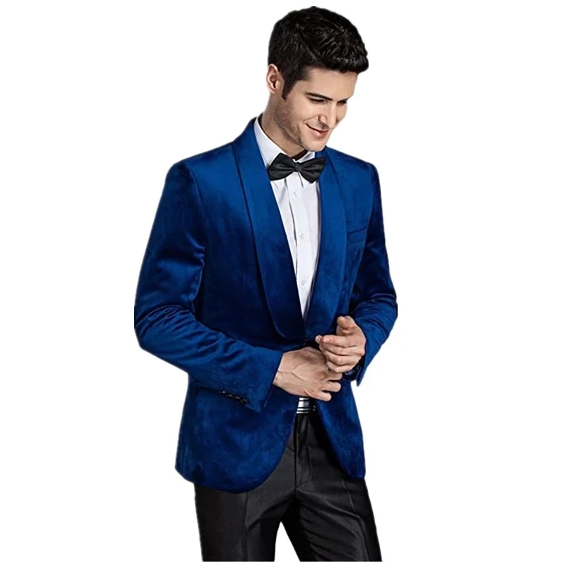 

2021 New Arrival Men Suit Blue Velvet Shawl Lapel Business Casual Tuxedo Evening Dress 2 Piece (Blazer +Pants) Wedding For Man