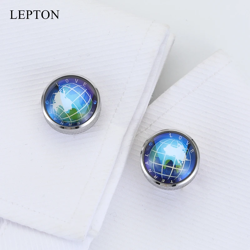 

New Globe Earth Cufflinks Silver Color Lepton Stainless steel Rotatable globe planet earth World Map Cuff links For Mens Gift