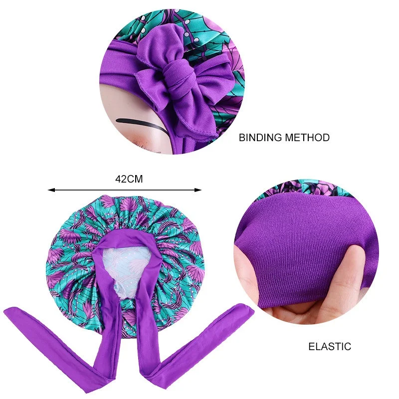 Elastic Band Large Satin Bonnet Sleeping Cap Women African Pattern Ankara Print Hat Adjustable Night Sleep Cap Soft Headcover