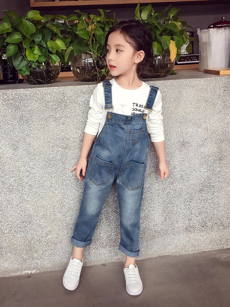 Girls Denim Suspender Pants New Kids Casual Overalls Trousers Clothes Korean Style Children's Cotton Washed Denim Strappy Pants