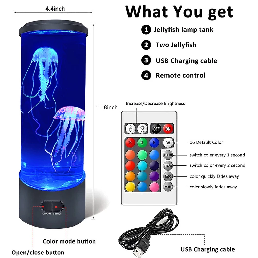 USB LED Jellyfish Lamp 16/7Color Changing RGB Jellyfish Tank Lights Atmosphere Table Lamp for Birthday New Year Christmas Gifts