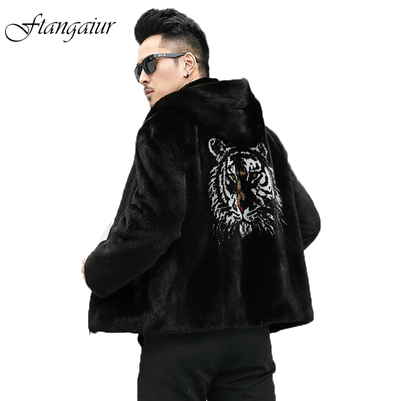 

Ftangaiur New Men Import Mink Fur Coat Black With Hood Tiger head Mink Coats Men's Short Smart Causal Real Mink Fur Coats