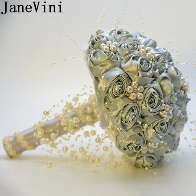 JaneVini 2020 ใหม่ดอกไม้ซาตินไข่มุกสีชมพู Wedding Bouquet คริสตัลเจ้าสาว Fleur artificielle สีขาวเข็มกลัด