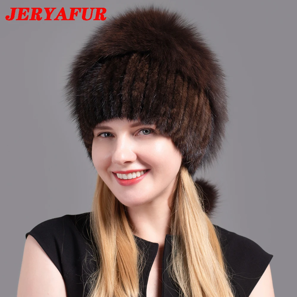 JERYAFUR Women\'s Fur Hats Fluffy Winter Warm Knitted Natural Mink Fur Hats Fashion Top Hats Women\'s Natural Fur Hats