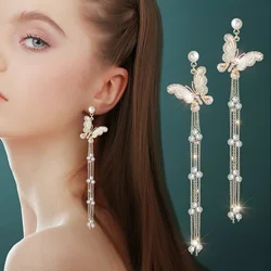 Fashion Income Pearl Bow Jewelry Woman Earrings 2021 Trend Long Tassel Crystal Pendant Halloween Party Christmas Gift
