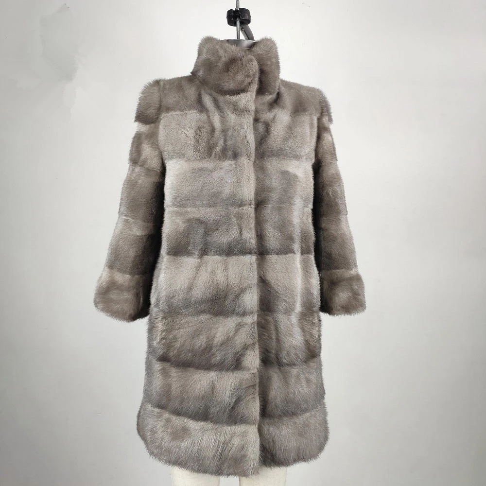 TOPFUR Winter Real Mink Fur Coat Women Natural Real Mink Fur Medium Coats Thick Warm Full Sleeves Coat Mandarin Collar Grey