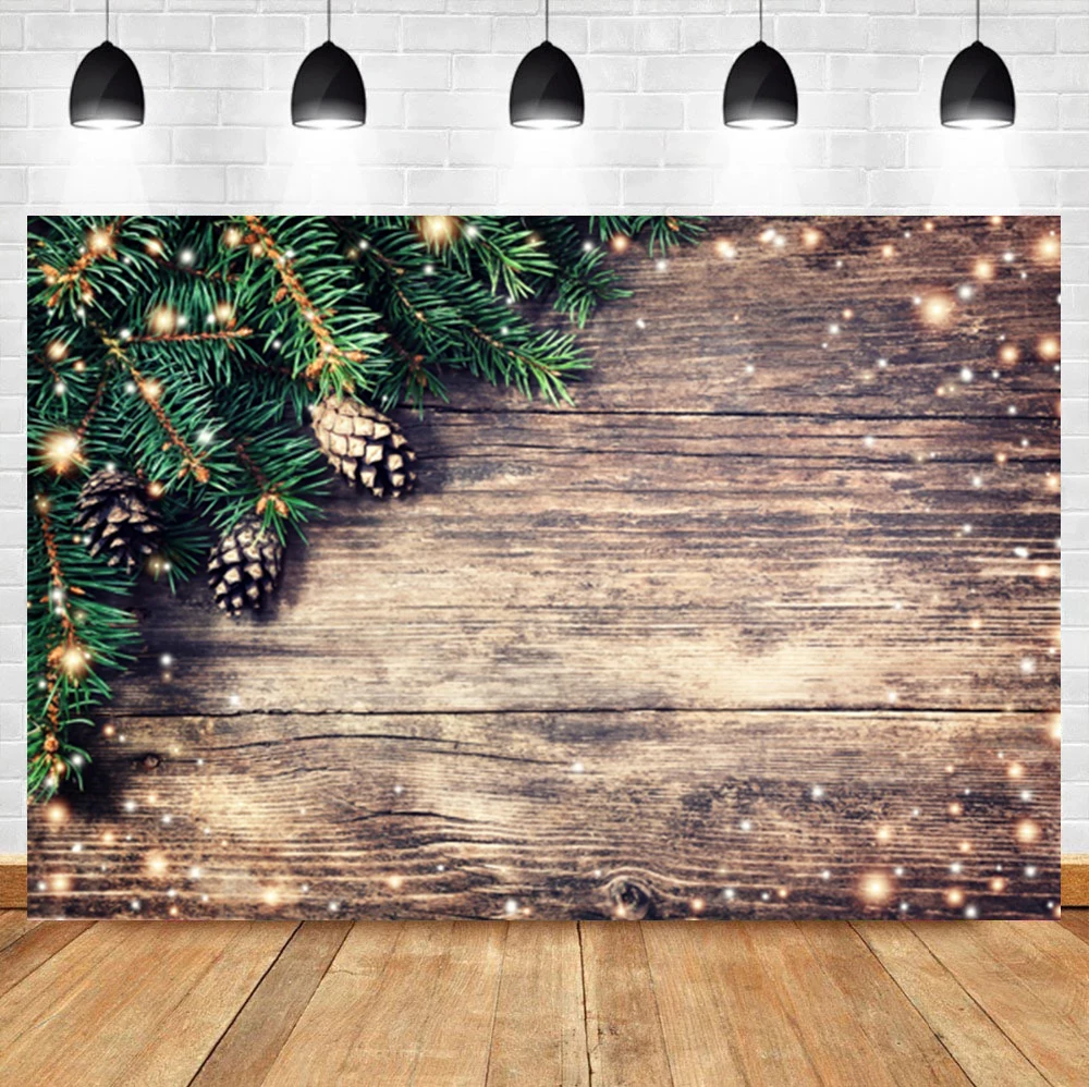 

Laeacco Christmas Background Vintage Wooden Board Branches Light Bokeh Birthday Photographic Photo Backdrop For Photo Studio