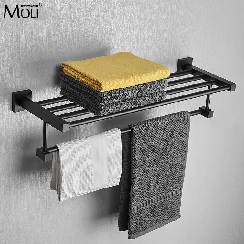 MOLI Matte Black Bathroom Hardware Set Towel Rack Shelf Self-adhesive Punch-free 304050607080 100cm length High-grade aluminum