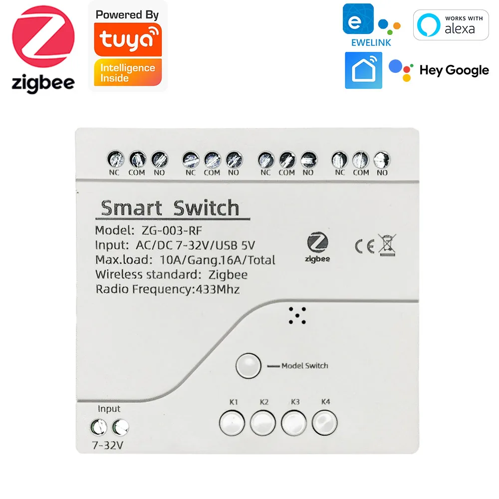 ZigBee 3.0 Tuya 4-Gang Inching Relay Smart Switch Timing Module DIY Garage Door,Lamp,Motor,Compatible With Alexa,SmartThings,Hue