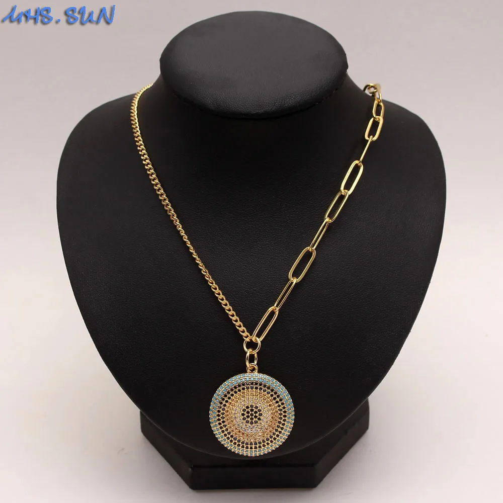 MHS.SUN Mosaic Round Cubic Zirconia Pendant Necklace Fashion Women Chain Chokers Hiphop Copper Jewelry Men Gifts For Party 1PC