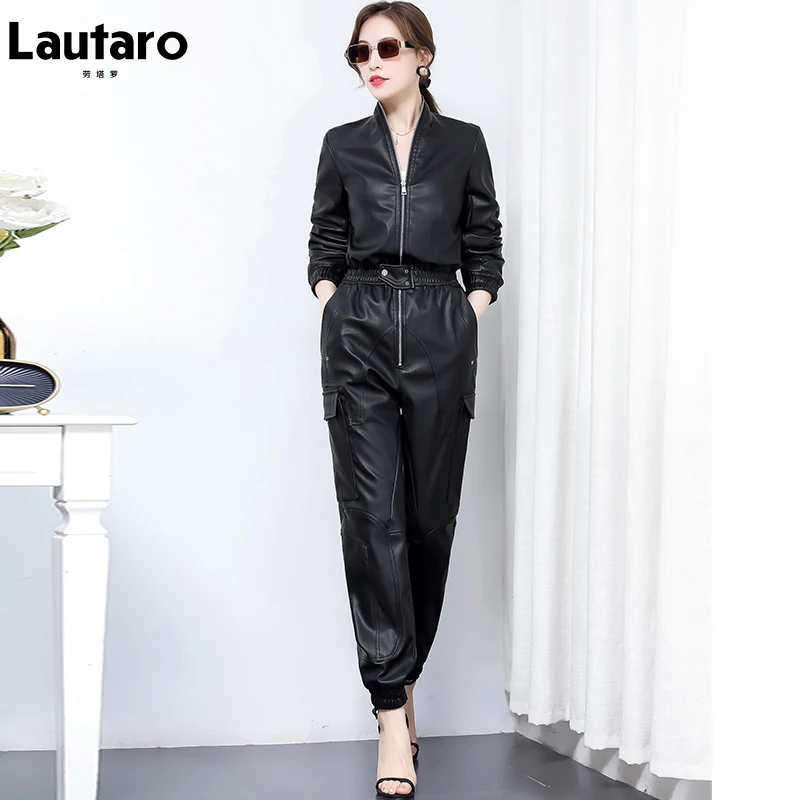 Lautaro Spring Long black Soft faux leather jumpsuit women long sleeve zipper jumpsuits for women womens fall fashion 2021