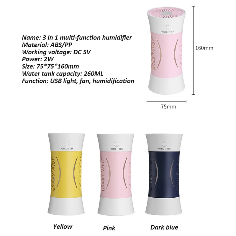 260ML หน้าแรกความชื้นอากาศ USB Ultrasonic Aroma Essential Oil Diffuser 3 In 1 Mini Humidificador พร้อมหลอดไฟ LED USB พัดลม Mist Maker