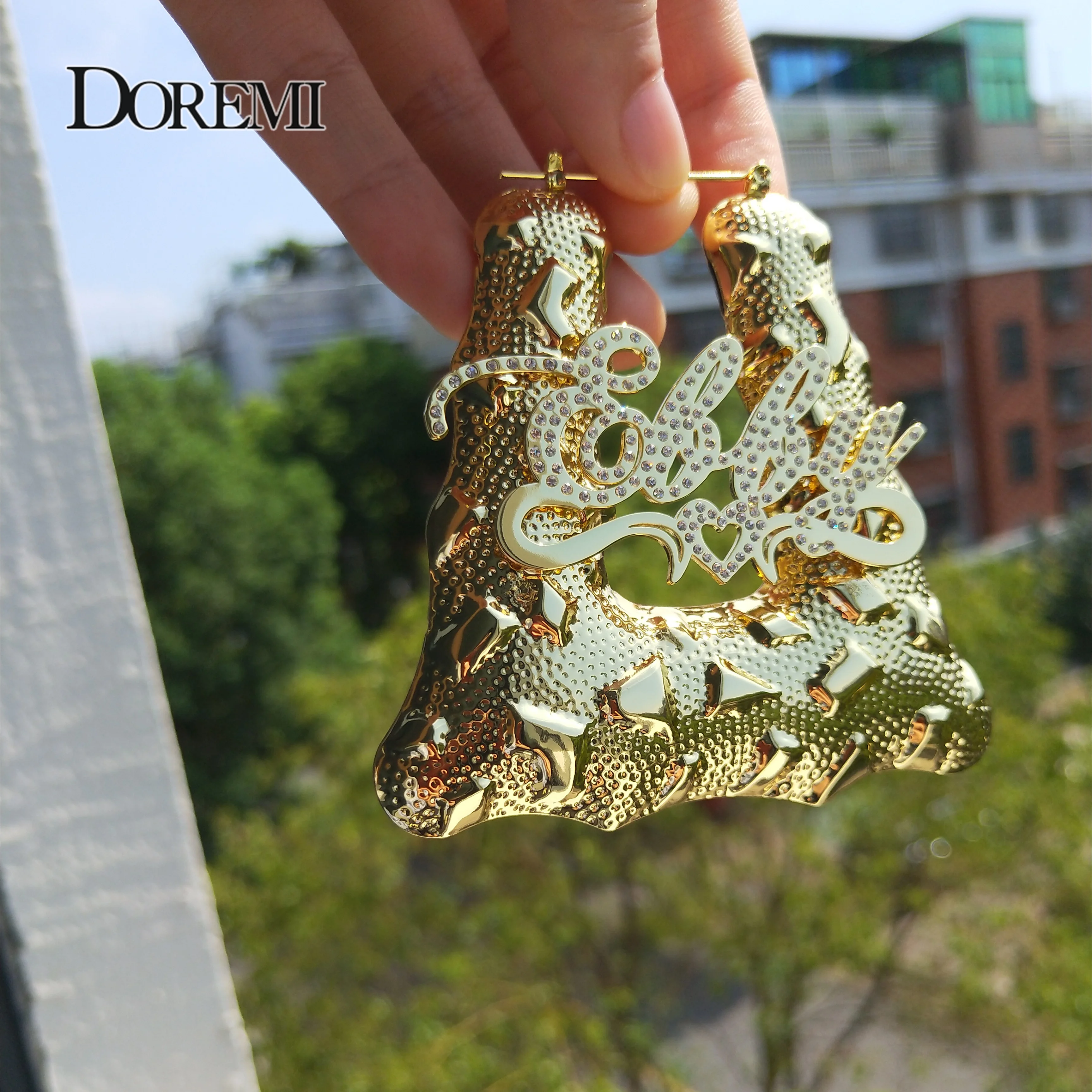 DOREMI Bling Name Bamboo Earrings Custom Triangle Hoop Bamboo Names Earrings Letter Big Personalised Name Earrings Women Gift