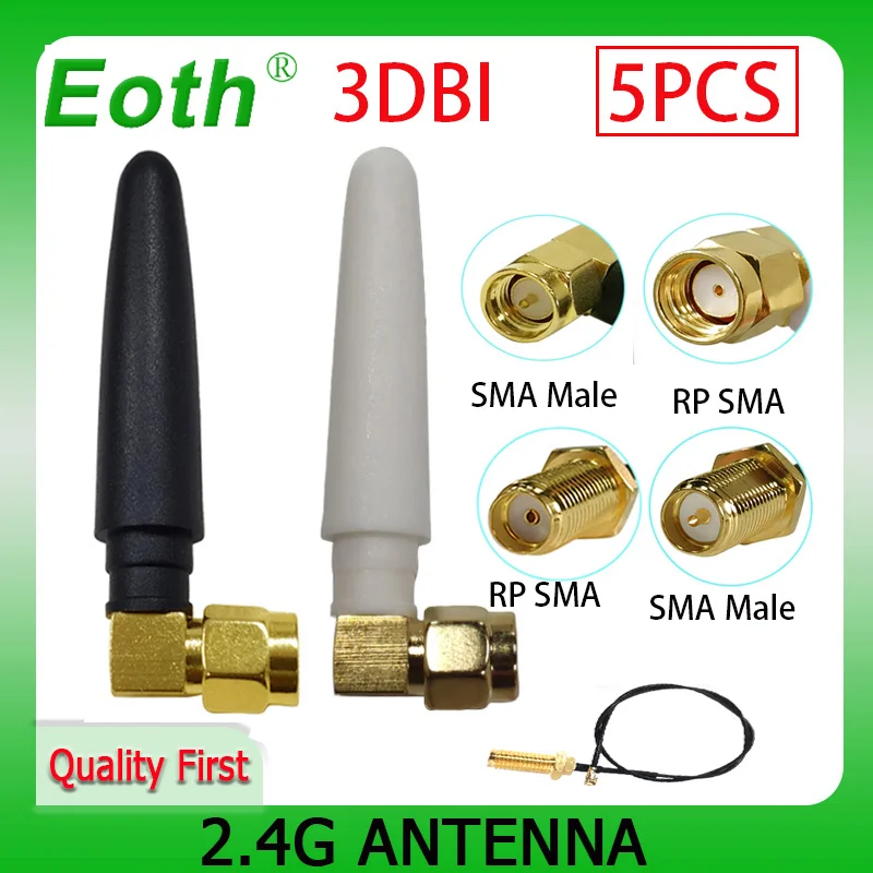 

EOTH 5pcs 2.4g antenna 3dbi sma female wlan wifi 2.4ghz antene IPX ipex 1 SMA male pigtail Extension Cable iot module antena