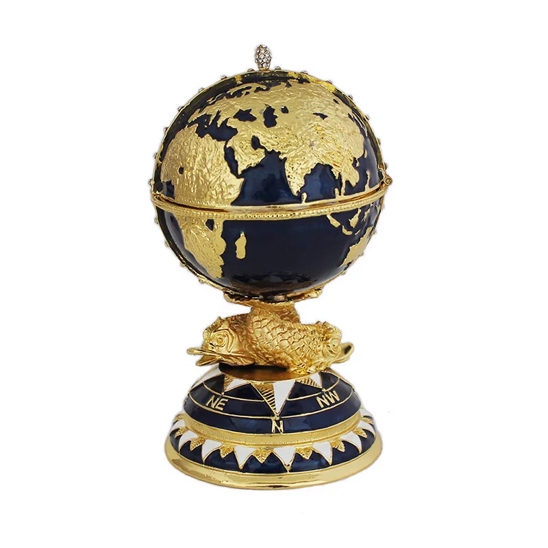 Yaffil Blue and Gold Enamel Globe Egg-shaped Table Decoration, High-quality Practical Jewelry Box with Earth Design