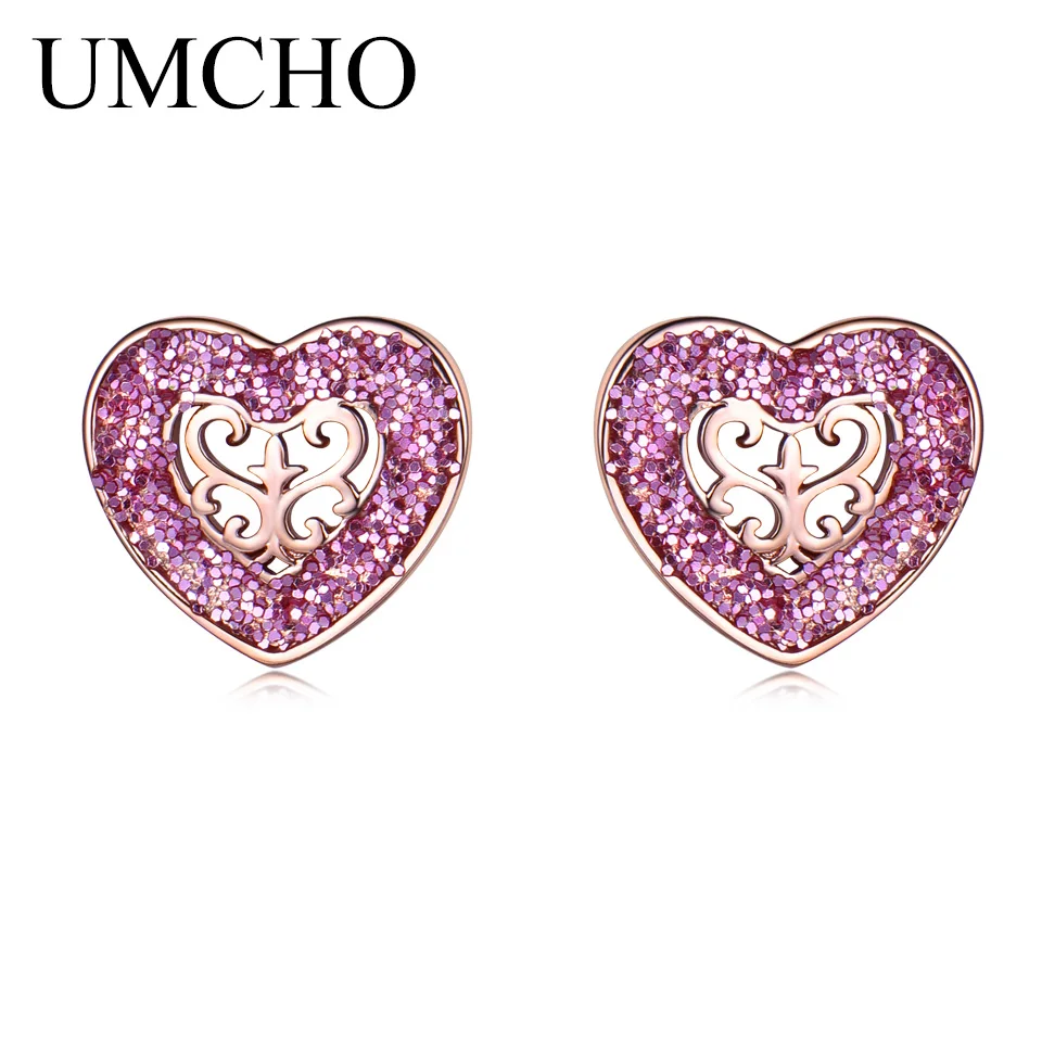 UMCHO Solid 925 Sterling Silver Stud Earrings Glitter Heart Rose Gold Color Earrings For Women Romantic Gift Jewelry