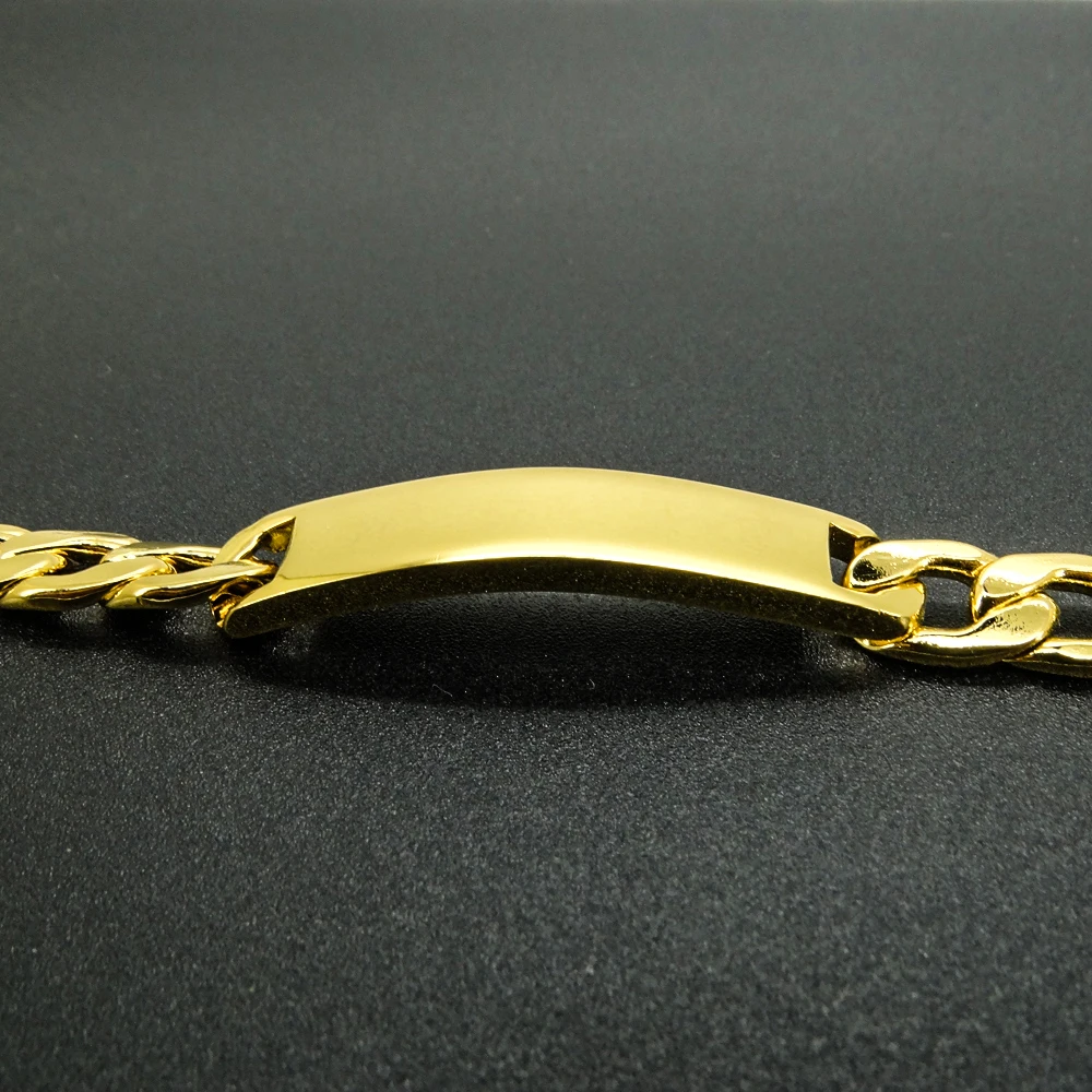 18K Gold Color Bracelets 8 Inches 100% Stainless Steel Bracelet 9 mm Width ID Bar Curb Cuban Chain for Musculine Men Women