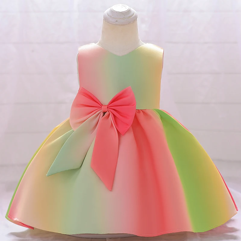 Colorful Baby Flower Tutu Gown Wedding Party Bow Princess Girl Dress Inafnt Pink 1st Birthday Formal Gala Kids Clothes Vestidos