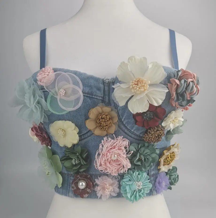 Flowers beaded Blue Party Evening Tops Sleeveless Noble Summer Tops for Women 2020 Adjustable Bra Sexy Jean Crop Top q782