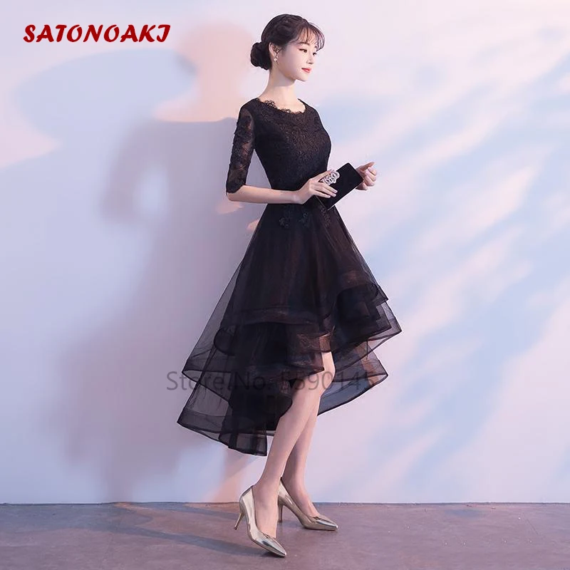 Customized Elegant Black Lace Short High/Low Wedding Dress for Bride Half Sleeves A-Line Party Bridal Gown Vestidos De Novia