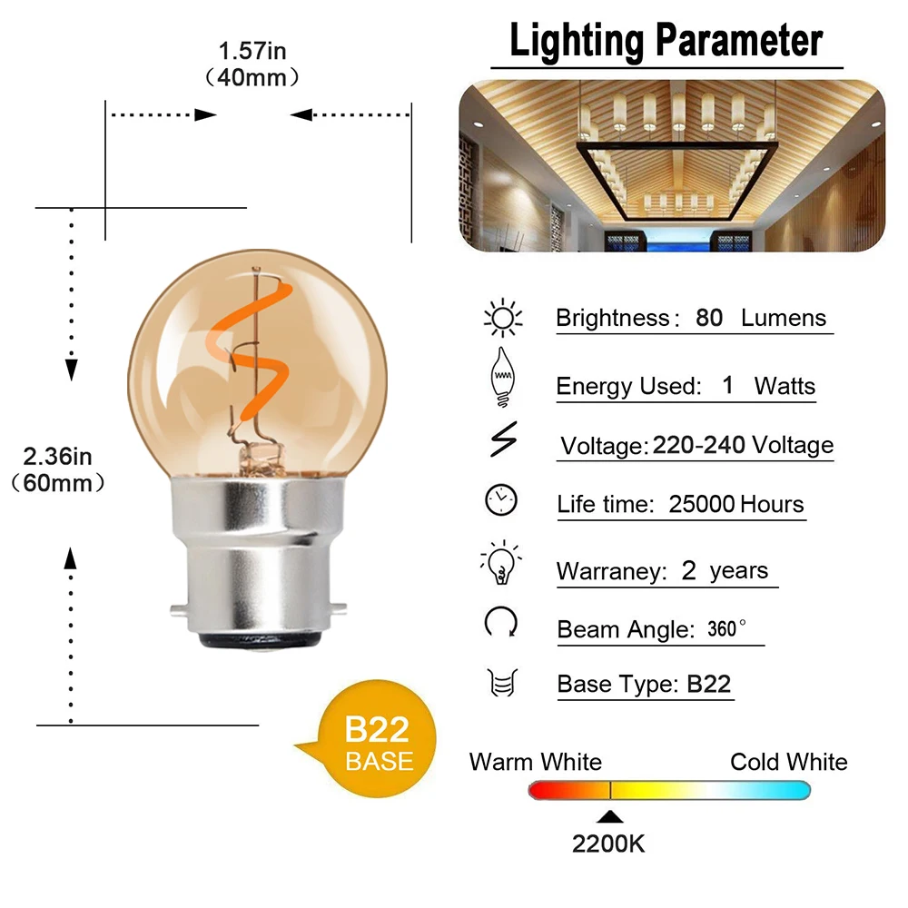 Spiral Filament Led Dimmable  Light Bulb G40 B22 Bayonet Cap Energy Saving 1W (Equivalent 10W) Led Lamp 2200K Golf Led Bulbs