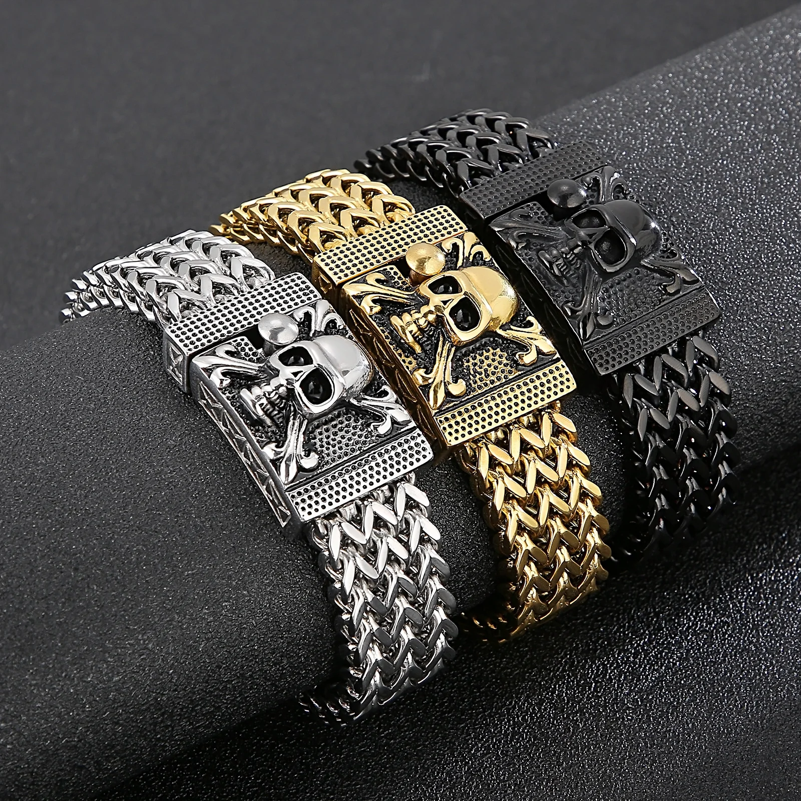 

17mm Heavy Mesh Chain Bracelet Men With Devil Ghost Skull Charm Vintage Jewelry Surprise Gift For Husband