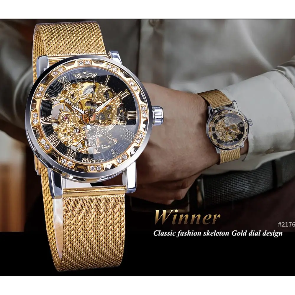 Winner Classic Golden Hand Wind Mechainical Man Wristwatch Top Brand Luxury Rhinestone Fashion Skeleton Business Erkek Kol Saati