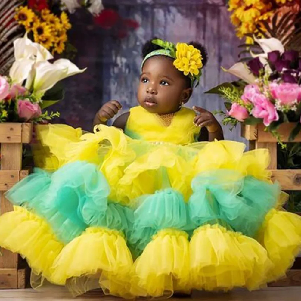 

Yellow Tiers Ball Gown Tutu Flower Girl Dresses Fashion Tulle Elegant Lilttle Kids Birthday Pageant Weddding Gowns