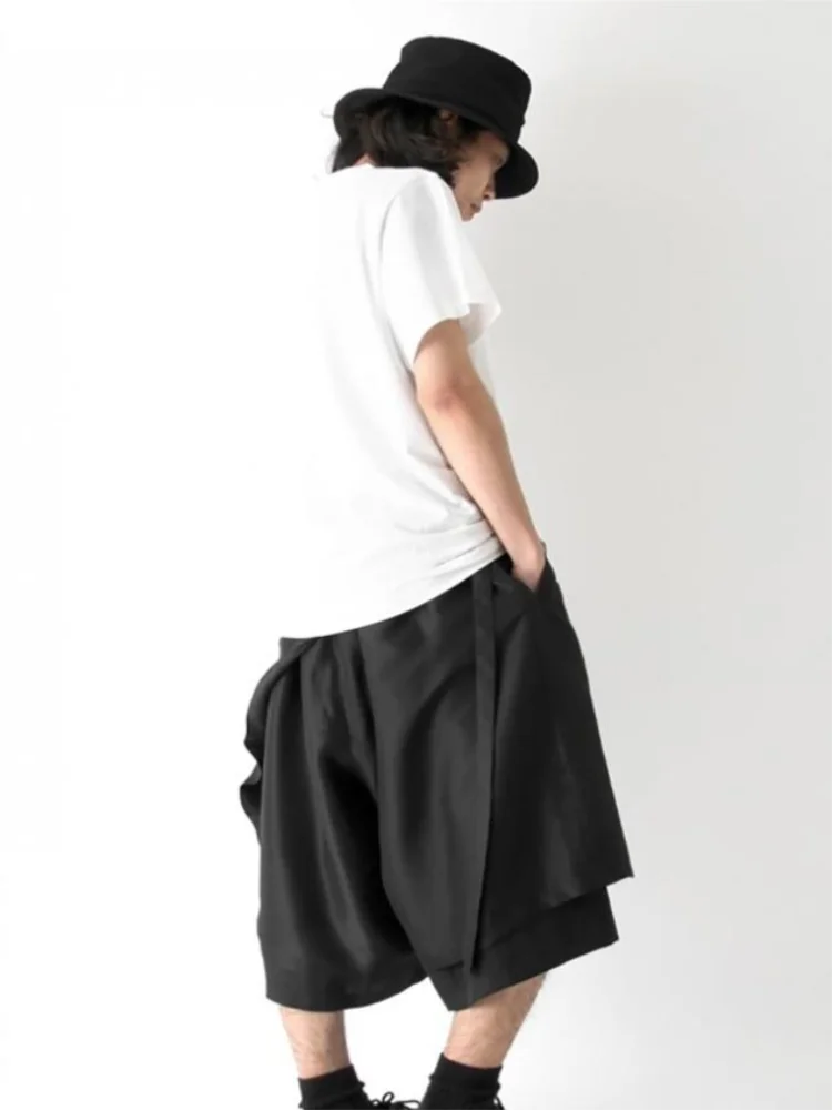 

Spring And Summer Men Big Size Loose False Two Stitching Cloth Culottes Casual Belt Solid Color Seven Minutes Trousers