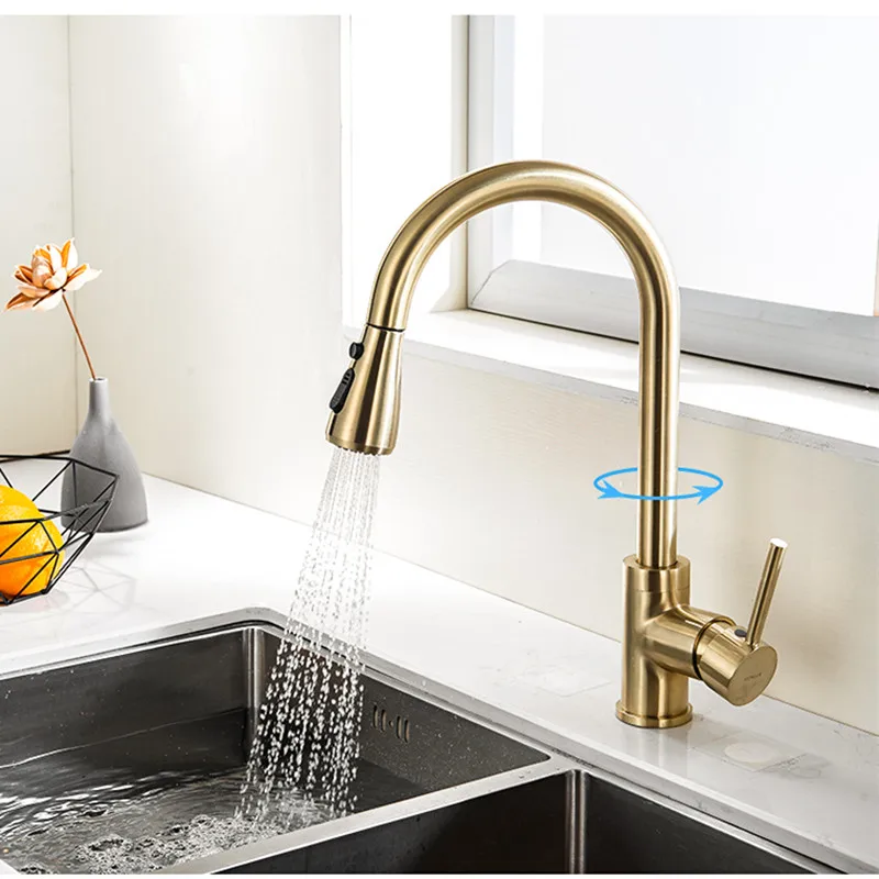 Touch Kitchen Faucets Brushed Gold Pull Out Kitchen Mixer Tap Smart Touch Kitchen Sink Faucet Intelligent Sensor Kitchen Faucet