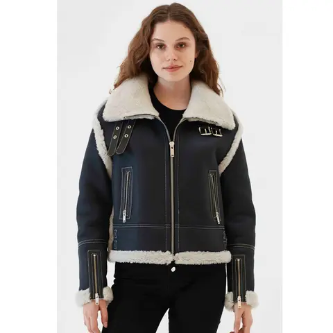 Denny&Dora New Womens B3 Shearling Jacket Turkey Sheepskin Coat Blue Leather Jacket Biker Coat Short Fur Jacket