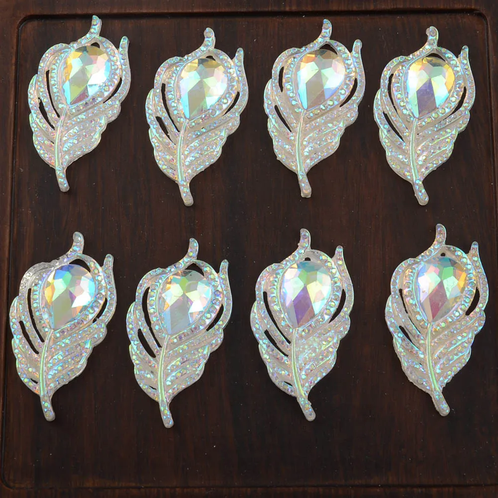 BOLIAO DIY 10Pcs 20*38mm( 0.79*1.5in ) AB Color Peacock Leaf Resin Shining White Rhinestone Flatback No Hole Home Decor Crafts