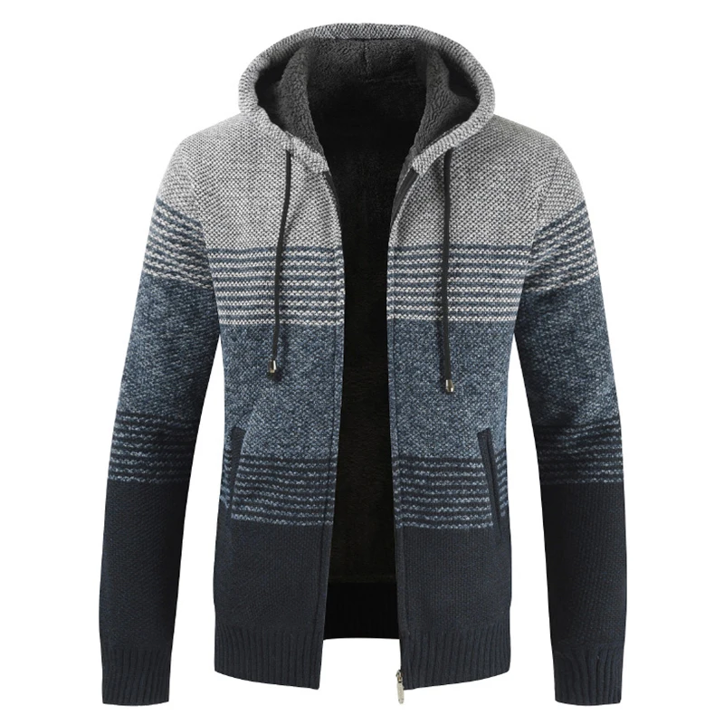 Cardigan à capuche chaud pour homme, manteau pull, doublure en laine rayée, fermeture éclair, combinaison Smile, optique d\'hiver, 2024